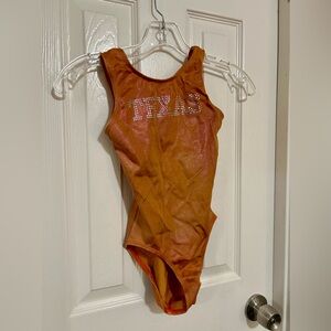 GK elite gymnastics leotard leo Texas rhinestones peachy orange color